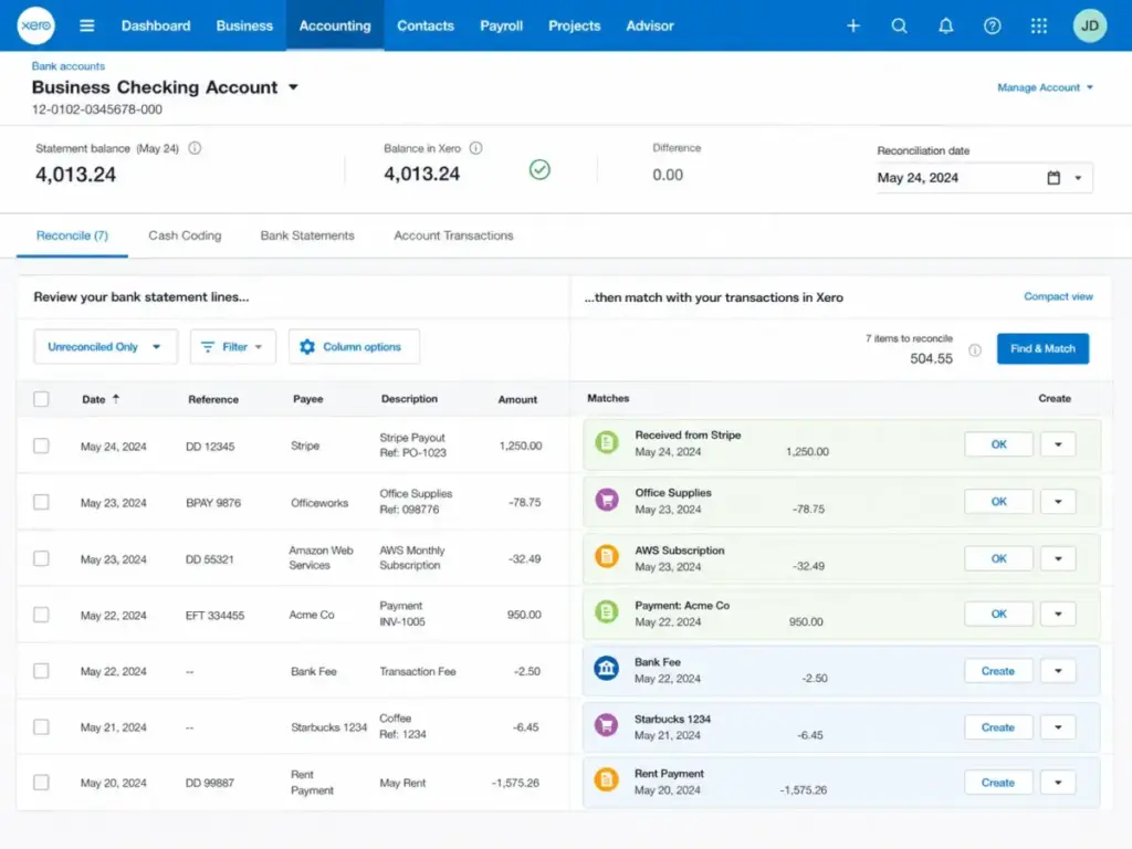Xero bank reconciliation screen showing statement lines matched with suggested transactions for a business checking account.
