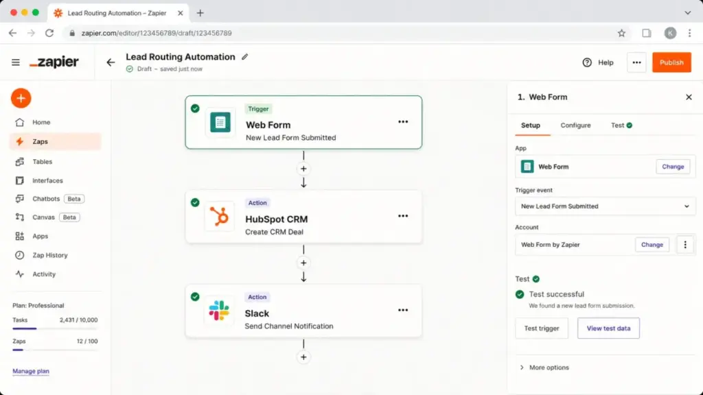 Example Zapier workflow showing one web form trigger and two actions: creating a HubSpot CRM deal and sending a Slack channel notification.