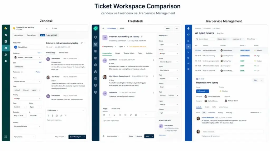 Side-by-side comparison of Zendesk, Freshdesk, and Jira Service Management ticket workspace interfaces.