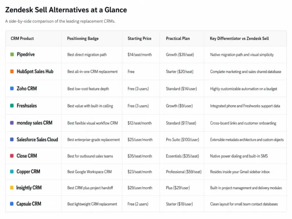 Zendesk Sell alternatives at a glance comparison table showing CRM products, pricing, practical plans, and key differentiators.