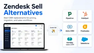 Zendesk Sell Alternatives featured image showing CRM replacement options including Pipedrive, HubSpot, Zoho CRM, Freshsales, monday sales CRM, and Salesforce.