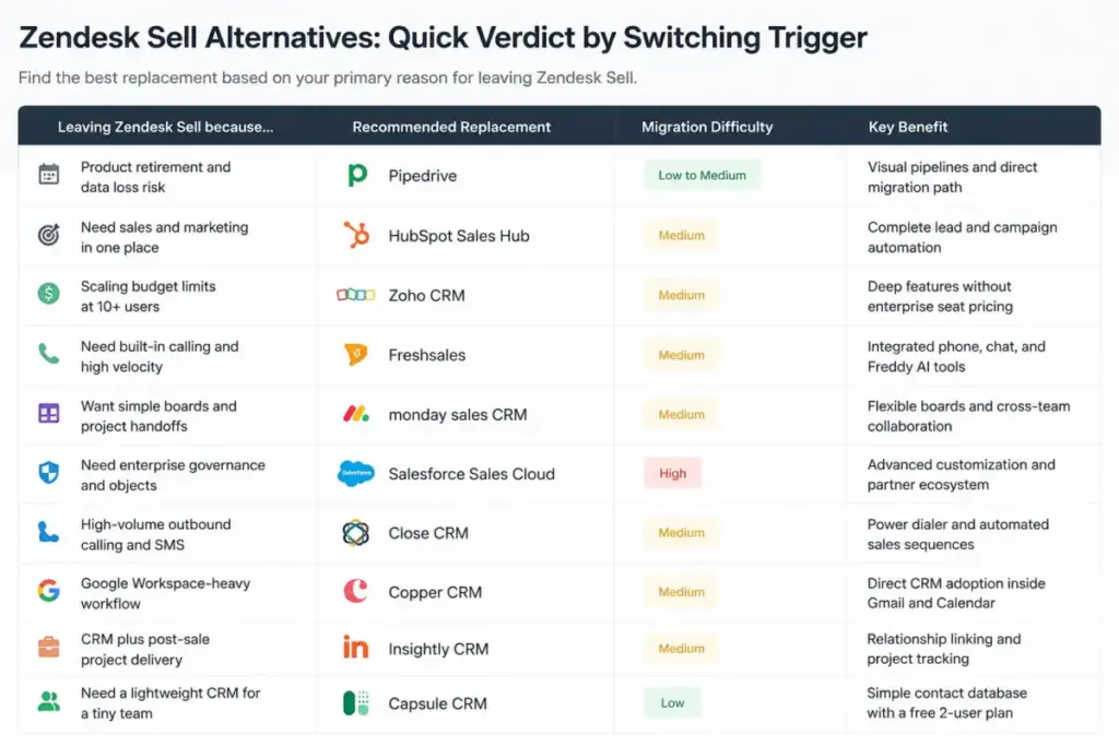 Quick verdict table comparing Zendesk Sell alternatives by switching trigger, migration difficulty, and key CRM benefit.