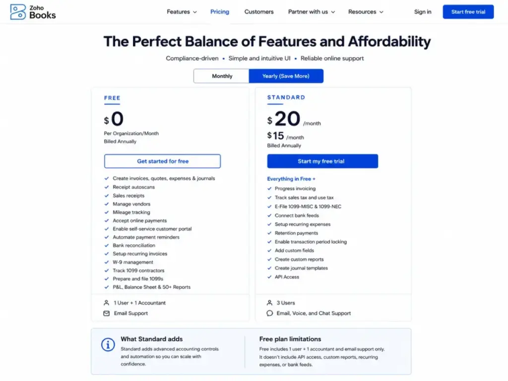 Zoho Books pricing comparison showing Free and Standard plan features, user limits, support options, and Standard plan upgrades.