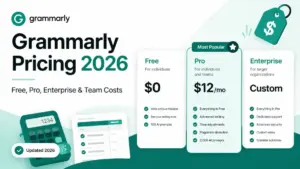Grammarly Pricing 2026 featured image showing Free, Pro, and Enterprise plan costs