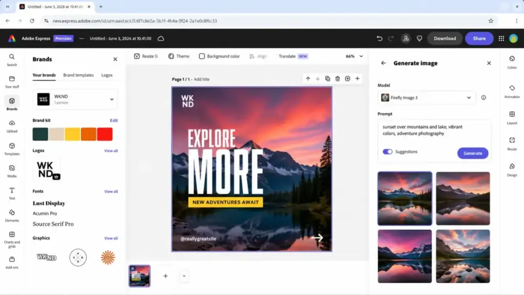 Adobe Express Premium editor mockup showing Firefly image generation panel and brand kit sidebar