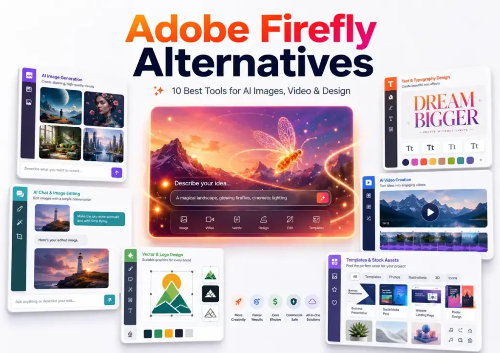 Adobe Firefly Alternatives 2026 featured image showing AI tools for image generation, video creation, typography, vector design, and creative editing.