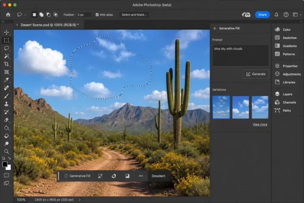 Adobe Firefly Generative Fill interface inside Photoshop showing AI-powered in-context image editing and generated content variations