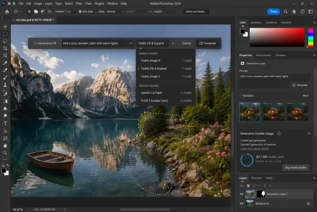 Adobe Firefly Generative Fill mockup inside Photoshop showing prompt input, credit usage, and generated variations