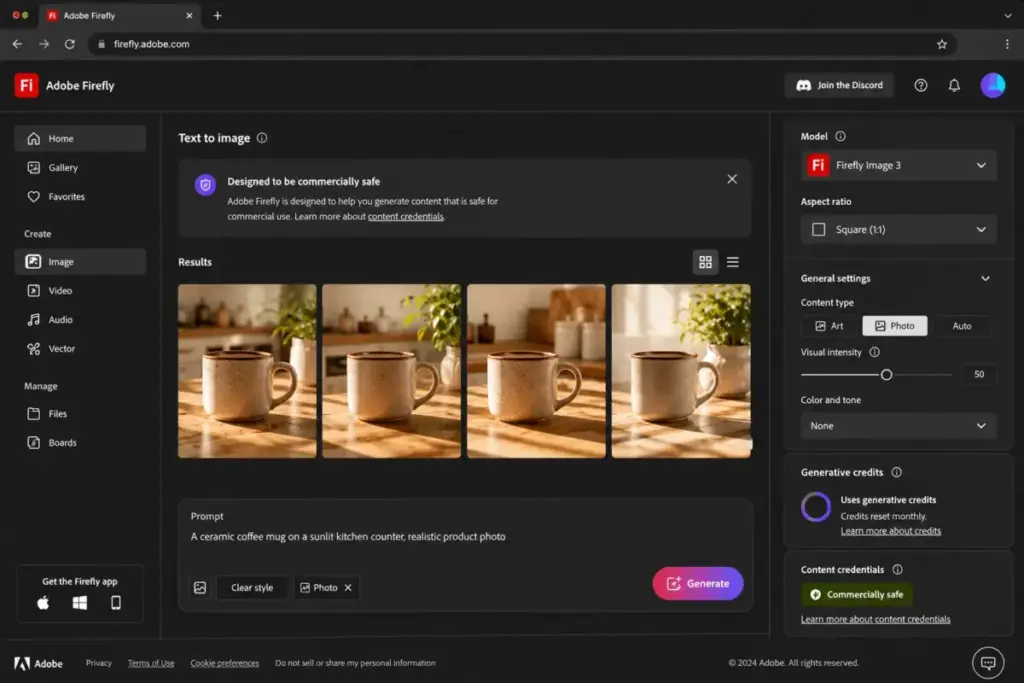 Adobe Firefly Text to Image interface showing commercial safety notice and generative credits