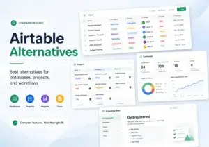 Airtable Alternatives comparison guide showing database, project, report, and documentation workflow interface cards