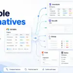 Airtable Alternatives 2026 comparison featuring SmartSuite, Baserow, NocoDB, monday, ClickUp, Smartsheet, Coda, Notion, and Google Sheets