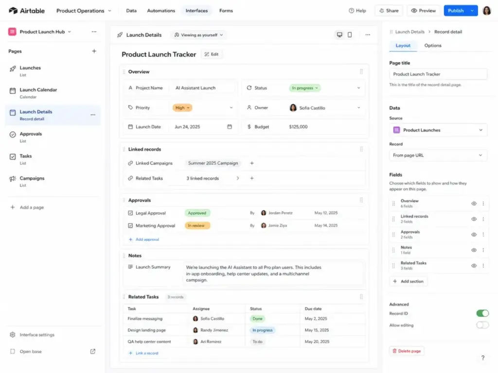 Airtable Interface Designer showing a relational product launch tracker with custom fields, linked records, and layout settings