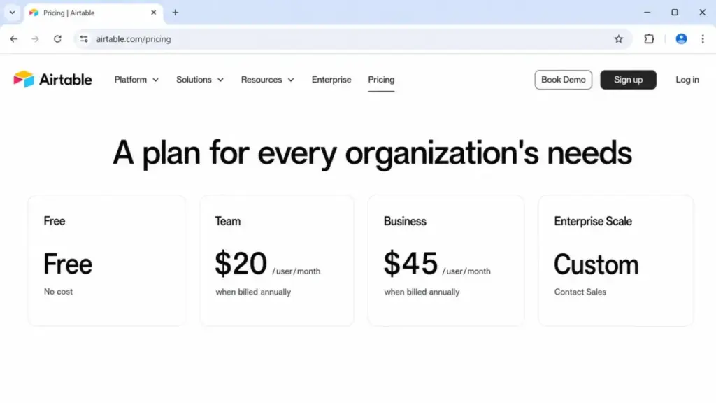 Airtable pricing page showing Team at $20/user/month and Business at $45/user/month billed annually