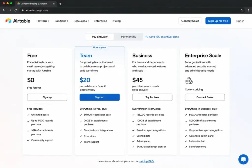 Screenshot-style mockup of Airtable pricing page showing Team plan at $20/collaborator/month billed annually and base record limits