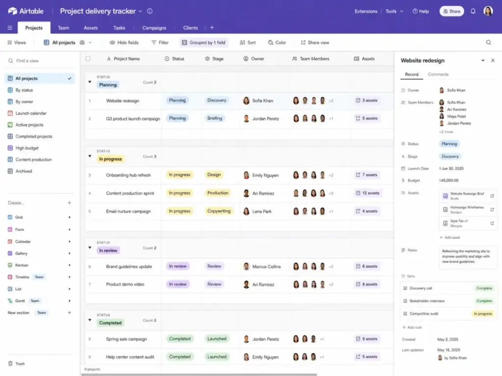 Airtable relational database view showing project records linked to team members, assets, tasks, and project status