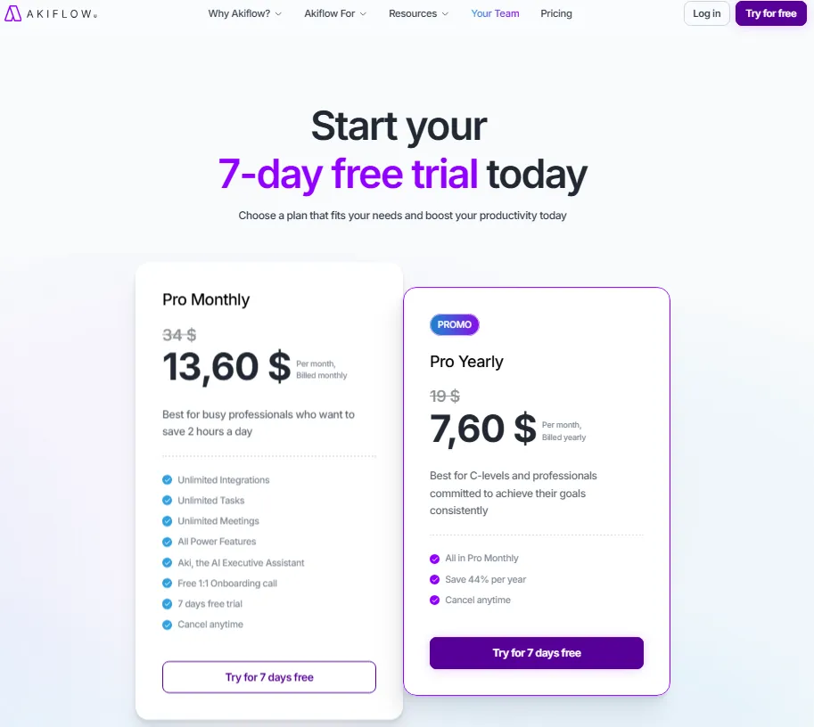 Akiflow pricing page showing 7-day free trial with Pro Monthly and Pro Yearly plans