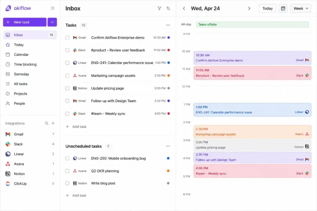 Akiflow interface mockup showing universal inbox tasks from Gmail, Slack, Linear, Asana, and Notion scheduled into a calendar view.