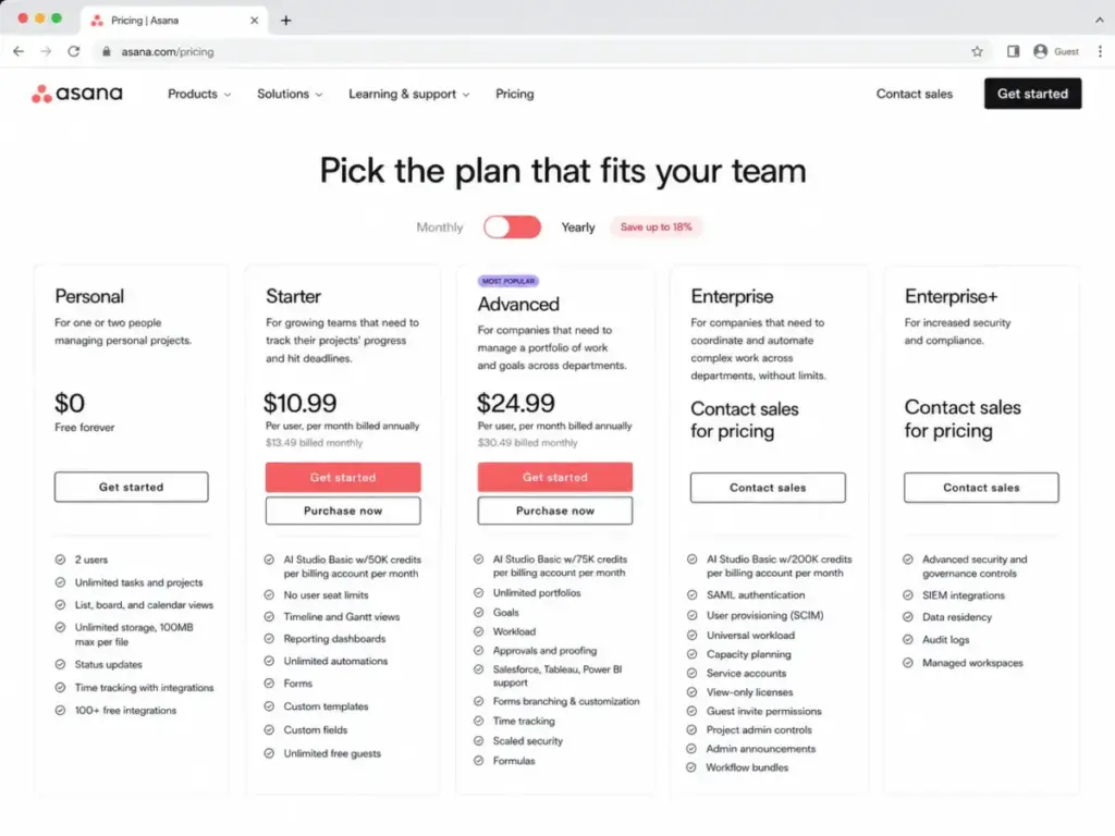 Asana pricing page showing Personal, Starter, Advanced, Enterprise, and Enterprise Plus plans with annual and monthly pricing.