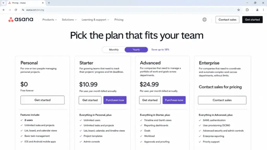 Asana pricing page showing Personal free plan, Starter at $10.99, Advanced at $24.99, and Enterprise contact sales option.