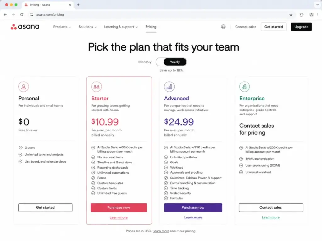 Asana pricing page showing Starter at $10.99 and Advanced at $24.99 per user per month billed annually