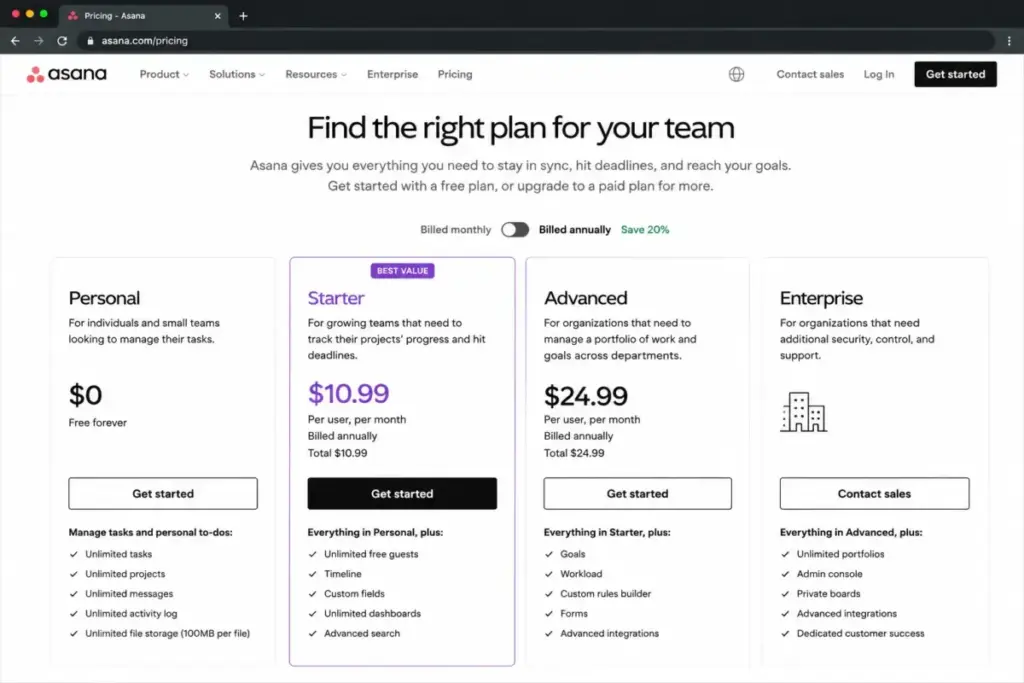 Screenshot-style mockup of Asana pricing page showing Personal free plan and Starter at $10.99/user/month billed annually