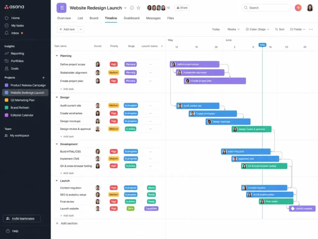 Asana timeline view showing task dependencies, custom fields, project stages, priorities, and launch status