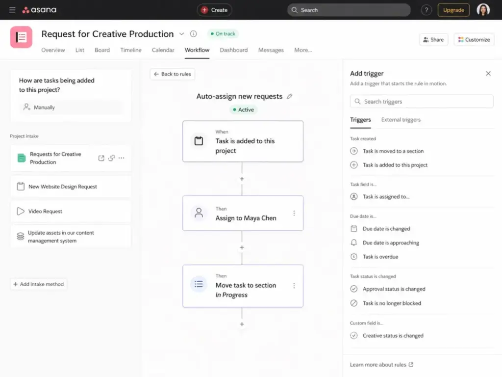 Asana workflow builder showing rules-based automation triggers on the Starter plan