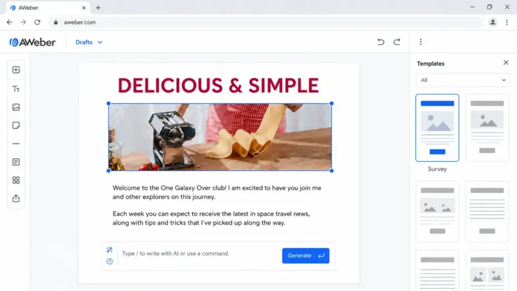 Screenshot-style mockup of the AWeber drag-and-drop email builder with an email template, editing canvas, and template selection panel.