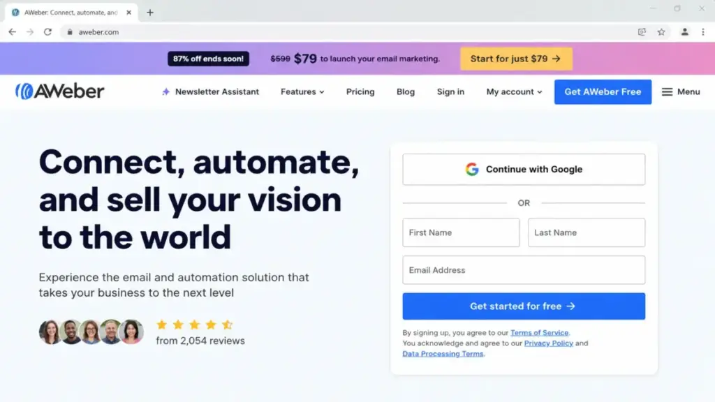 Screenshot-style mockup of the AWeber homepage hero with its email marketing tagline, signup form, and Get started for free CTA.
