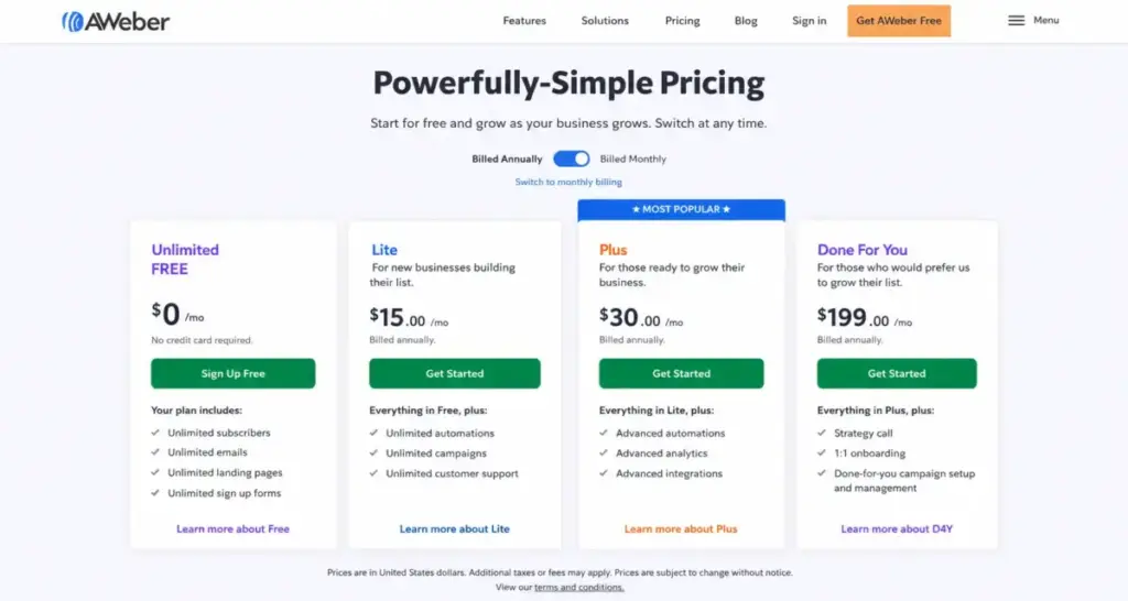 AWeber pricing page displaying the Free, Lite, Plus, and Done For You plans with annual pricing options for 2026.