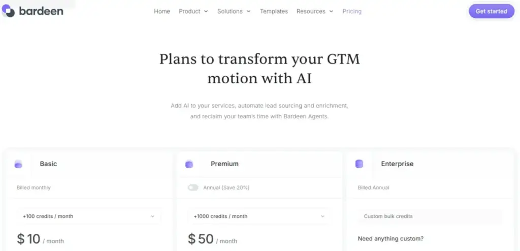 Bardeen pricing page showing Basic, Premium, and Enterprise plans for AI-powered GTM automation