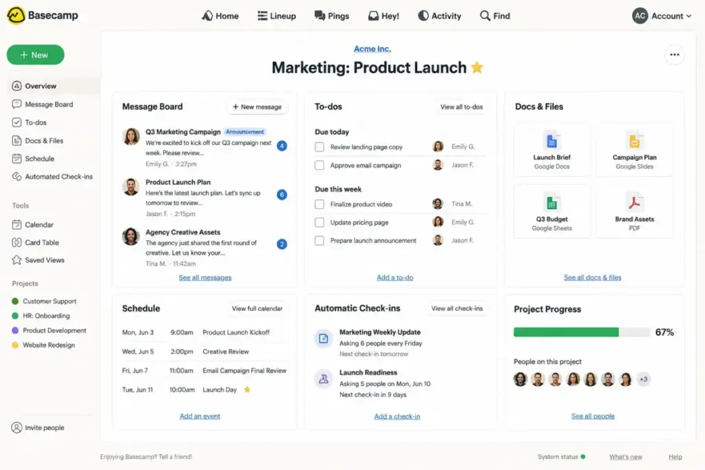 Basecamp project dashboard showing message board, automatic check-ins, to-dos, schedule, and shared project files