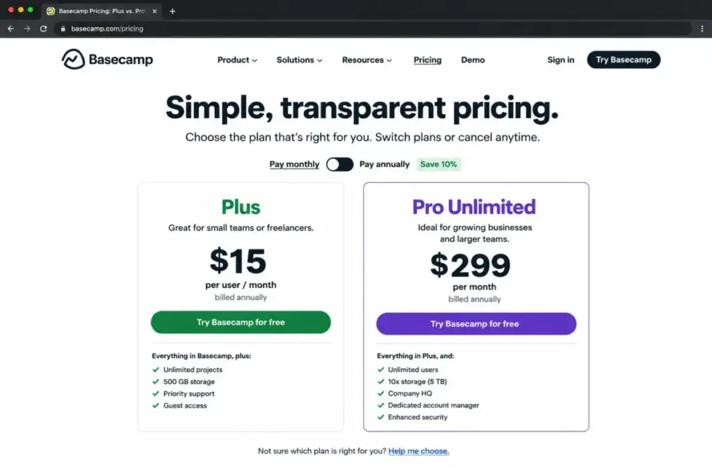 Screenshot-style mockup of Basecamp pricing page showing Plus at $15/user/month and Pro Unlimited at $299/month billed annually