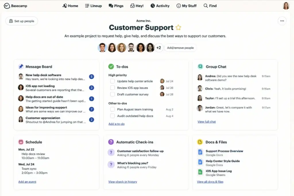 Basecamp simple project space showing message board, to-dos, group chat, schedule, automatic check-ins, and docs