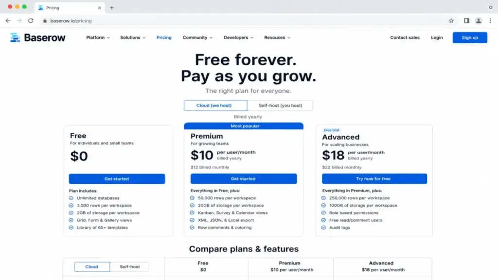 Baserow pricing page showing Premium plan at $10/user/month billed yearly and Cloud or Self-host options