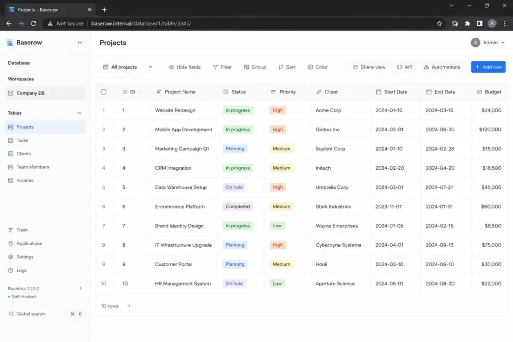 Baserow interface showing a self-hosted database table on a private server with records, fields, views, and team collaboration controls
