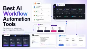 Best AI workflow automation tools featured image showing Zapier, Make, n8n, Gumloop, Pipedream, and Relay.app interface mockups