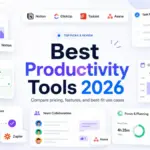 Best productivity tools 2026 featured image showing productivity apps for tasks, notes, automation, collaboration, and time blocking