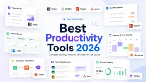 Best productivity tools 2026 featured image showing productivity apps for tasks, notes, automation, collaboration, and time blocking