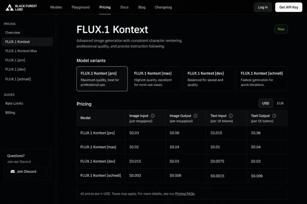 Black Forest Labs FLUX API pricing page showing model options and pay-as-you-go pricing