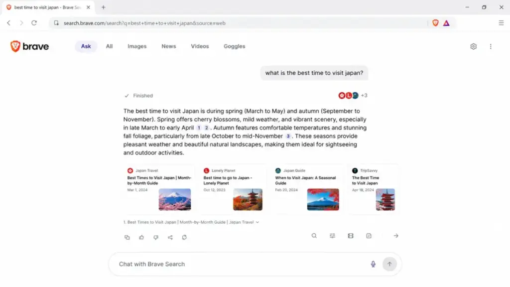 Brave Search AI Answers page showing cited search results and source cards