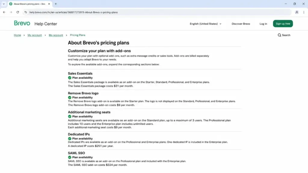 Brevo help center add-ons section showing logo removal, additional seats, Sales Essentials, Dedicated IP, and SAML SSO pricing.