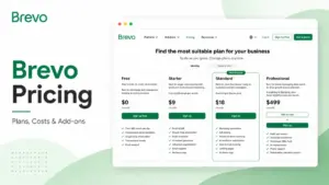 Brevo Pricing featured image showing Brevo pricing plan cards for Free, Starter, Standard, and Professional.