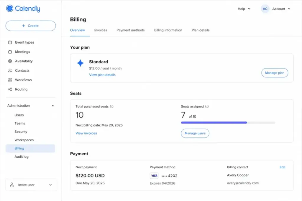 Calendly billing settings mockup showing total purchased seats, assigned seats, plan details, and payment information.