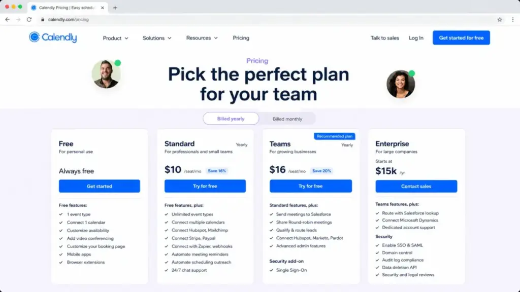 Calendly pricing page mockup showing Free, Standard, Teams, and Enterprise annual plans side by side.