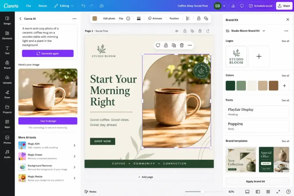 Canva AI editor showing an AI-generated image inside a branded social media post template