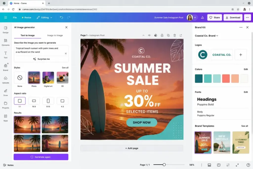 Canva editor mockup showing an AI image generator inside a social media post template with Brand Kit controls.