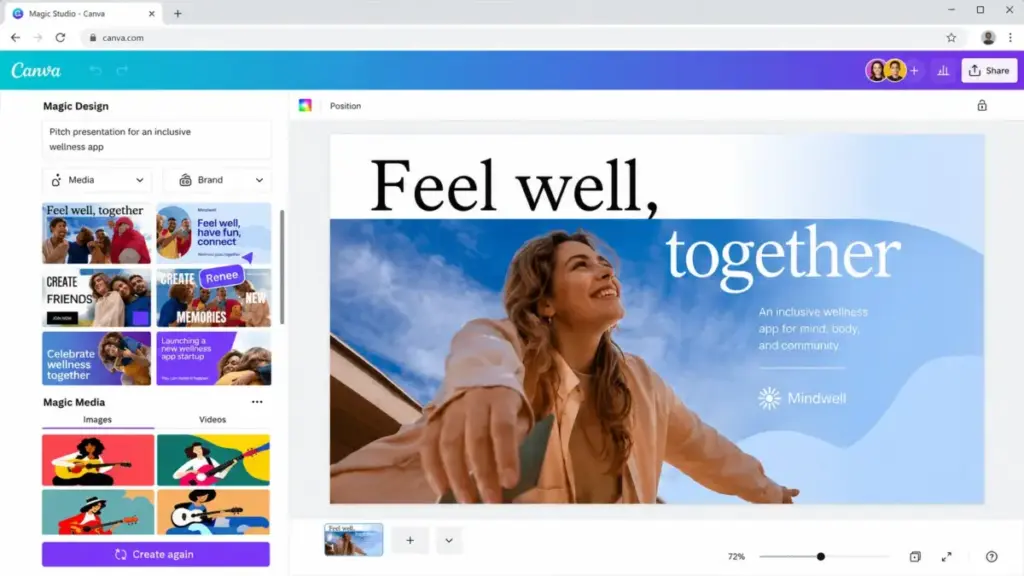 Canva AI Magic Studio interface mockup showing Magic Design templates, Magic Media tools, and an editable wellness presentation canvas.