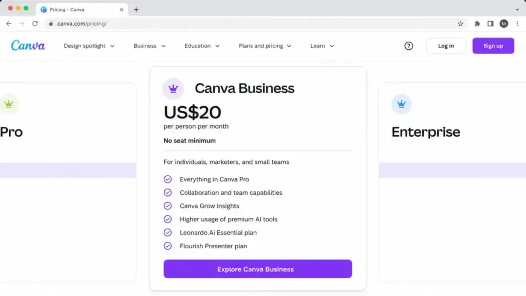 Canva AI pricing page mockup showing Canva Business plan at US$20 per person per month
