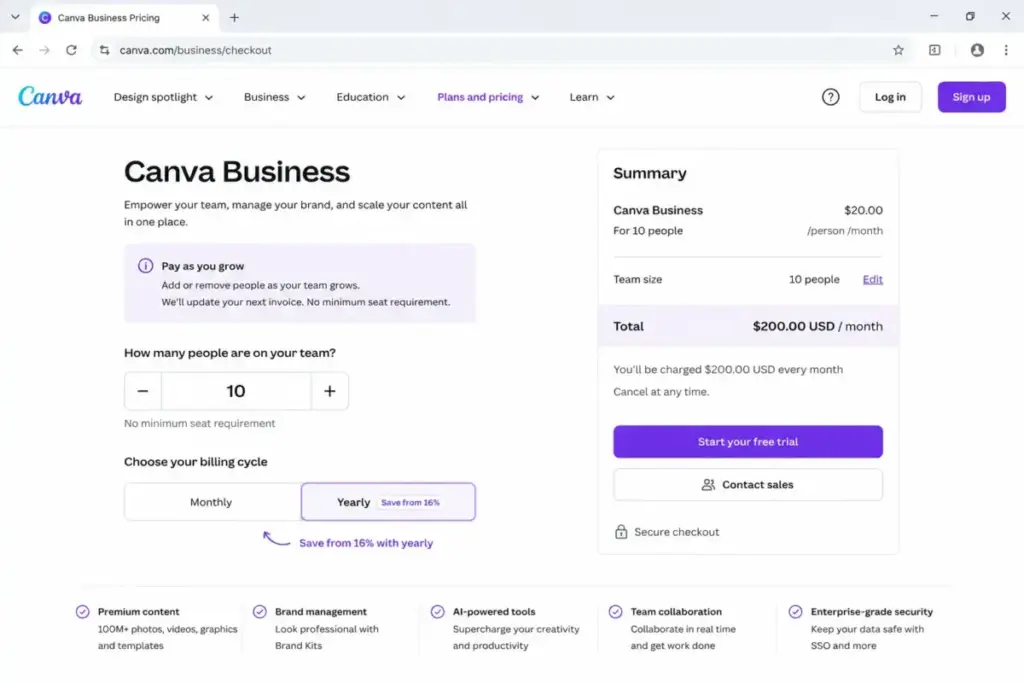 Screenshot-style mockup of Canva Business pricing showing 10 users at $20 per person per month, totaling $200 monthly.